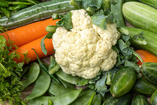 Healthy diet food background with fresh, raw, organic green vegetables: cauliflower, carrots, cucumber, snake gourd, coriander leaves, green chili, beans, tomato, and pointed gourd.