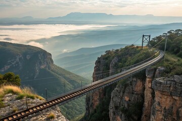 Obraz premium A suspension bridge carrying train tracks over a deep chasm with a stunning vista below, canyon, vista, rock formation, landscape, suspension bridge