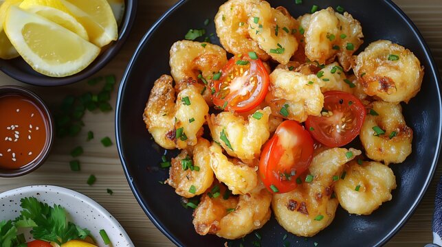 Crispy fried tempura shrimp with cherry tomatoes and chives on black plate