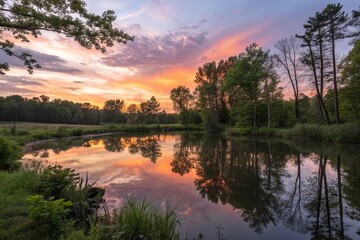A tranquil pond reflecting the vibrant colors of a sunset over the treetops in a wooded area, sunsets in the woods, peaceful atmosphere, tree reflections