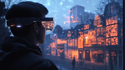 Fototapeta premium A solo traveler using an AR headset that translates and guides them through a foreign city, with digital signs displaying their native language. This advanced AR interface makes global exploration
