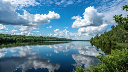 a vast expanse of calm lake surface reflecting a blue sky with puffy white clouds and lush greenery, tranquility, sky, water
