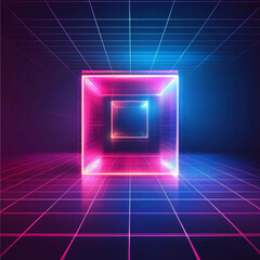 Fototapeta premium An abstract neon sci-fi futuristic 3D background featuring a room grid frame perspective with glowing lines that create a sense of depth and space. In the scene, a transparent cube is seen flying thro