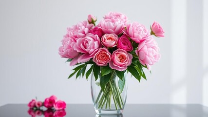 A vibrant mix of pink peonies and roses in a large glass vase with a subtle reflection of the surrounding environment, pink flower mix, glass decor, pink peony bouquet