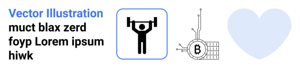 Weightlifter icon lifting weights, digital Bitcoin symbol with circuit, and large blue heart shape. Ideal for fitness, cryptocurrency, finance, technology, health, love, motivational. Landing page