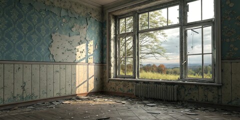 Obraz premium A window frame with broken glass set against a backdrop of faded wallpaper and peeling paint, old furniture, distressed walls, worn wood, window frame, peeling paint