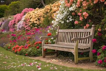 A wooden bench set against a vibrant floral backdrop with blooming flowers of various colors scattered around it, colorful blooms, greenery, wooden benches, rustic charm, outdoor furniture