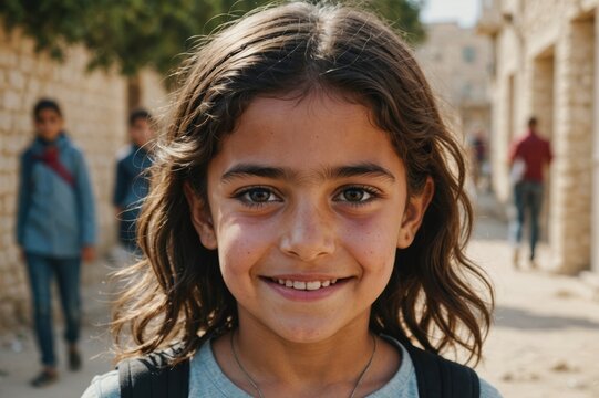 Close portrait of a smiling Palestinian female kid looking at the camera, Palestinian outdoors blurred background