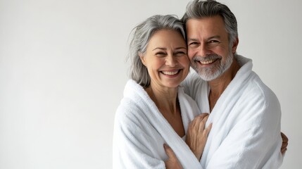 Happy senior couple embracing in white bathrobes