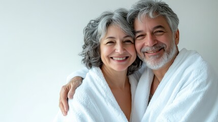 Happy senior couple wearing white bathrobes embracing