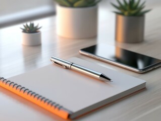 Blank notepad, pen, smartphone, and succulents on a desk.