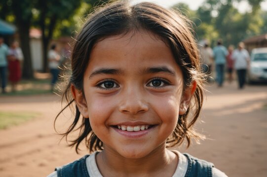 Close portrait of a smiling Paraguayan female kid looking at the camera, Paraguayan outdoors blurred background