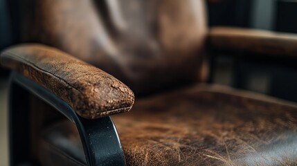 Close-up of a worn leather armchair, showing the natural texture and patina of the material.
