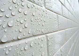 Fototapeta premium Water drops on white wall create textured and refreshing appearance, showcasing nature beauty in simple setting