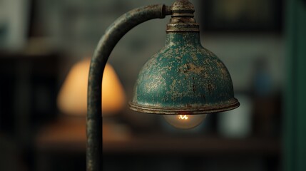 A close-up of a vintage-style lamp with a teal-colored shade and a warm, glowing lightbulb.