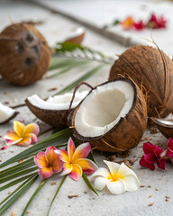 Fresh coconut pieces surrounded by vibrant tropical flowers and green leaves create serene and exotic atmosphere. This arrangement evokes sense of paradise and relaxation