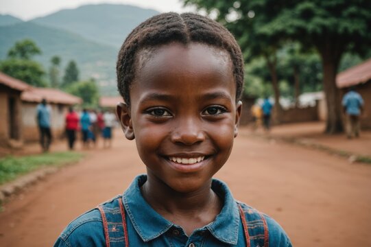 Close portrait of a smiling Rwandan female kid looking at the camera, Rwandan outdoors blurred background
