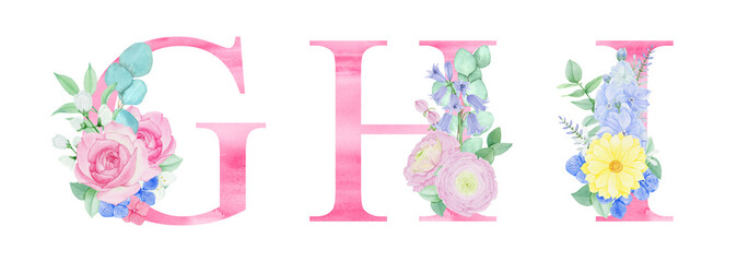 Watercolor pink letters with floral arrangements of flowers and foliage. For wedding monogram, invitations, greeting cards and other design ideas. © Outlander1746
