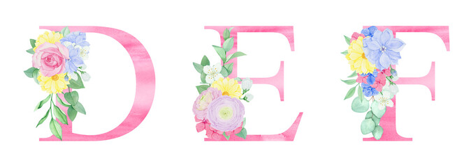 Watercolor pink letters with floral arrangements of flowers and foliage. For wedding monogram, invitations, greeting cards and other design ideas. © Outlander1746