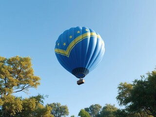 Obraz premium Blue and gold flying balloon soaring above the trees on a clear blue day, blue and gold flying balloon, scenic view, tree top views