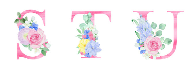 Watercolor pink letters with floral arrangements of flowers and foliage. For wedding monogram, invitations, greeting cards and other design ideas. © Outlander1746