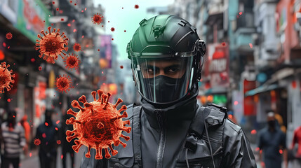 Fototapeta premium 3D Illustration: Person in Protective Gear Amidst a Viral Outbreak in a Crowded City Street
