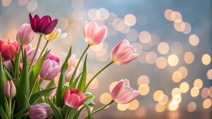 Obraz premium Bokeh Background with Tulip Flowers in a Floral Arrangement, tulips, colorful blooms, nature photography, floral arrangement, garden flowers