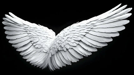 Naklejka premium 3D Render of Majestic White Angel Wings Spread Wide Against a Black Background, Symbol of Freedom and Spirituality