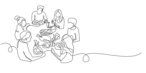 continuous line drawing of thanksgiving dinner.one line drawing of people in thanksgiving celebration with roast turkey typical menu.single line vector illustration.isolated white background