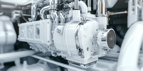 Marine diesel engine designed for ships, showcasing a white motor. This internal combustion engine is ideal for speedboats and shipbuilding, featuring a diesel engine with chrome elements and a