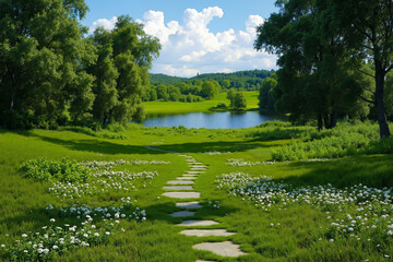 Fototapeta premium A path in the middle of a grassy field next to a lake