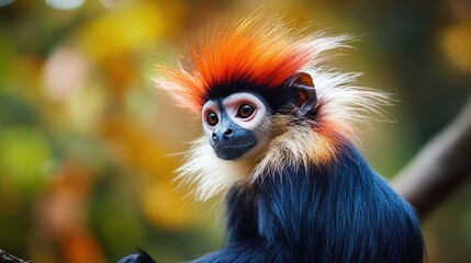 Obraz premium Close-up portrait of a red-crowned mangabey monkey with vibrant orange hair, dark blue fur, and expressive eyes, perched on a branch against a blurred autumnal background.