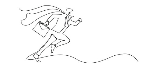 continuous line drawing of superman running fast carrying briefcase.single line drawing of superman with briefcase.single line vector illustration.isolated white background
