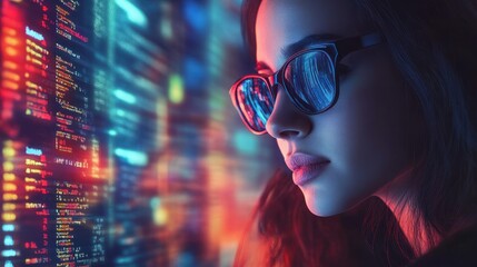 Laptop, data center and technician programming software, update or system analysis overlay. Technology, server room and woman on database for information, cyber security or code for cloud computing