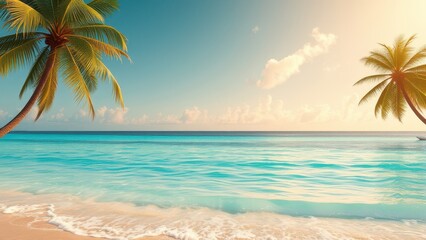 Obraz premium Tropical paradise beach with palm trees and gentle waves, wave, peaceful