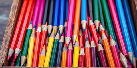 Closeup of a wooden box filled with a variety of brightly colored pencils, artistic supplies, table accessories