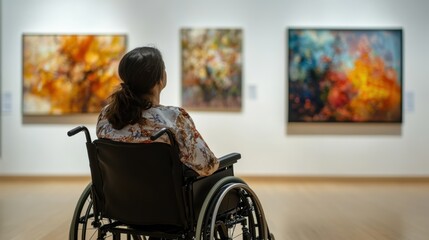 Woman seated in a wheelchair appreciating colorful abstract paintings in a modern art gallery, symbolizing inclusivity and creativity.