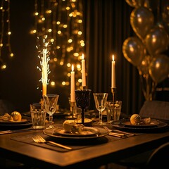 A festive dinner table setting with candles, sparklers, and a dark, elegant atmosphere.
