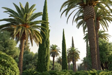 Obraz premium Close-up of cypress and palm trees growing in harmony amidst the foliage, cypress tree roots, foliage, serenity