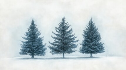 Trio of Evergreens: Three stately evergreens stand tall against a backdrop of soft, hazy winter air. The trees, silhouetted in muted blues and grays, evoke a sense of peace and timeless beauty. 