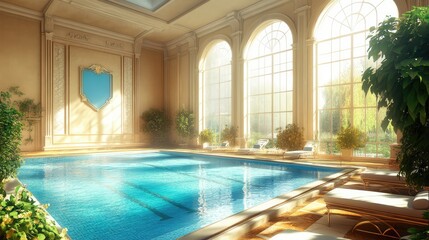 Obraz premium Indoor Pool Luxury: A stunning indoor swimming pool in a grand, opulent setting. Sunlight streams through arched windows, illuminating the crystal-clear water and luxurious surroundings.