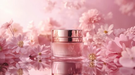 Elegant Pink Cream Jar Amidst Delicate Blossoms