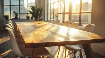 Wooden conference table in a sunlit meeting room with chairs creating a warm and collaborative atmosphere