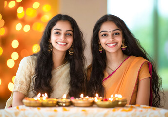 two beautiful Indian women, one in sari and the other with long hair wearing saree, sitting together smiling
