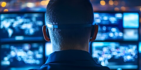 A person wearing a headset is seated in front of multiple screens displaying digital information, possibly monitoring or analyzing data. Concept Data Analysis, Digital Monitoring, Multi-Screen Setup