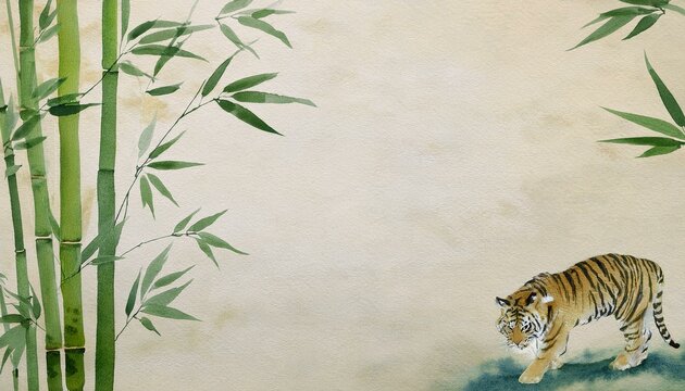 ベージュの和紙に水彩画タッチで描かれた緑色の竹林と虎和の壁紙背景。コピースペース、テキストスペースあり。AIで生成