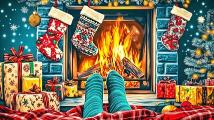 Obraz premium Cozy Feet by the Fireplace: Intimate Holiday Scene with Red Plaid Blanket and Christmas Stockings - Perfect for a Festive Home Decor Poster