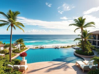 Fototapeta premium Luxurious beachfront resort with stunning panoramic ocean views and lush landscaping, stunning, lush