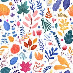Fototapeta premium Floral flowers and beautiful colorful leaves wallpaper seamless pattern for interior decoration or background.