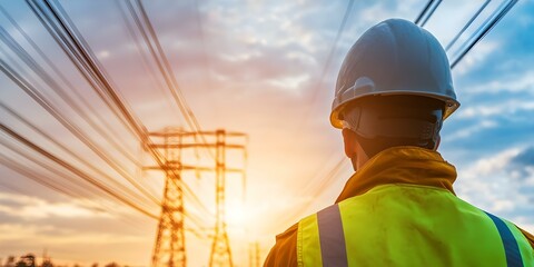 A worker in safety gear stands facing power lines against a sunset, highlighting the importance of electrical infrastructure. Concept Electrical Safety Awareness, Power Line Infrastructure